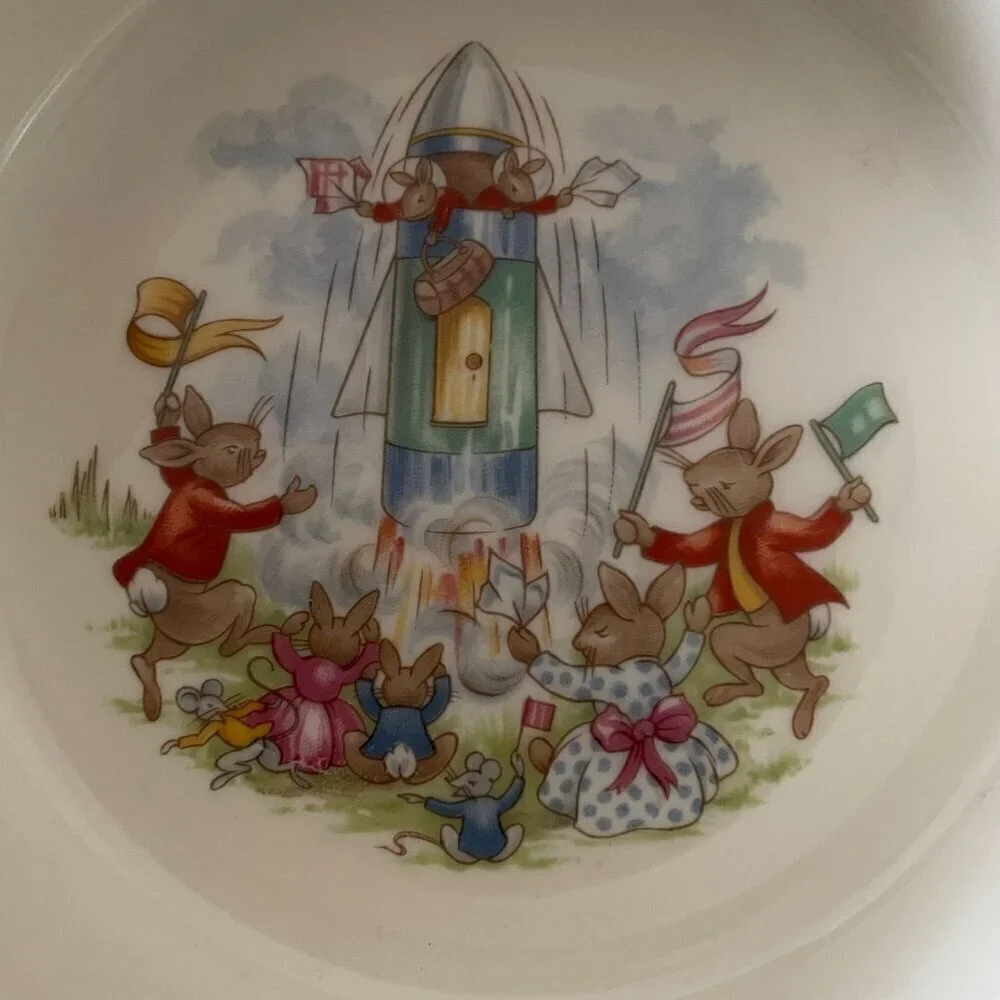 Royal Doulton Bunnykins Blast Off Rocket Launch Child's Vintage Cereal Bowl 6.5